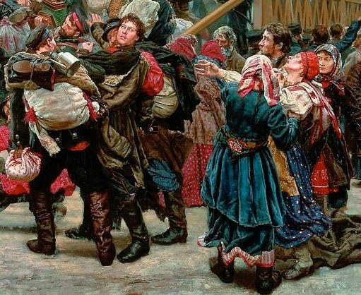 Gemälde, das eine Gruppe von Menschen in traditioneller russischer Kleidung zeigt, die Gegenstände halten und vor einer Menge tanzen, mit einem hölzernen Haus im Hintergrund, das eine lebhafte Szene aus der russischen Revolution evoziert.