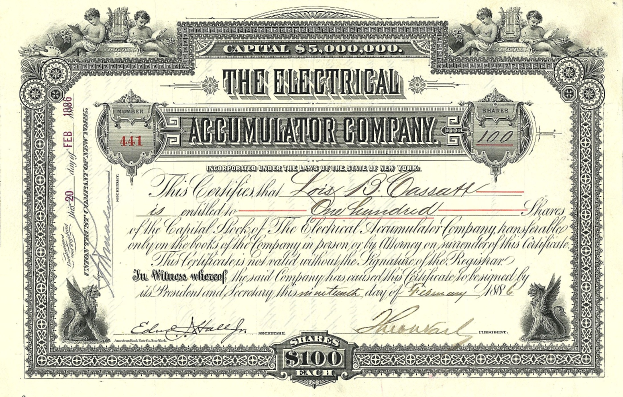 Aktienzertifikat einer Elektroakkumulatorfirma mit detaillierten Designs, das den Text "The Electrical Accumulator Company" trägt.