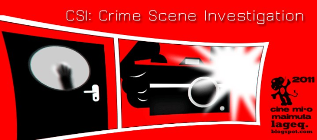 Rotes Plakat mit der Aufschrift "CSI Crime Scene Investigation" in weißer Fettschrift, das eine Person in einer schwarzen Kapuzenjacke mit entschlossener Miene zeigt, umgeben von einem schwarzen und weißen Rahmen vor einem dunklen blauen Hintergrund.