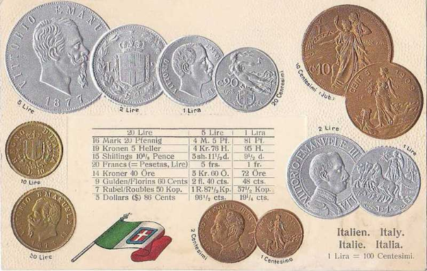 Ein Blatt Papier mit einer Reihe italienischer Münzen von 1877-1910, darunter mehrere 20-Lire-Münzen, mit Porträts und Text darauf und zwei Flaggen unten, darunter die italienische Flagge.