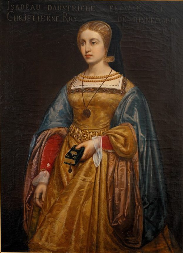Gemälde von Isabella daustriche in einem goldenen Kleid mit feinen Details, ihre Haare zu einem ordentlichen Knoten gebunden, majestätisch mit einem seren expression, von Christierne Roy.