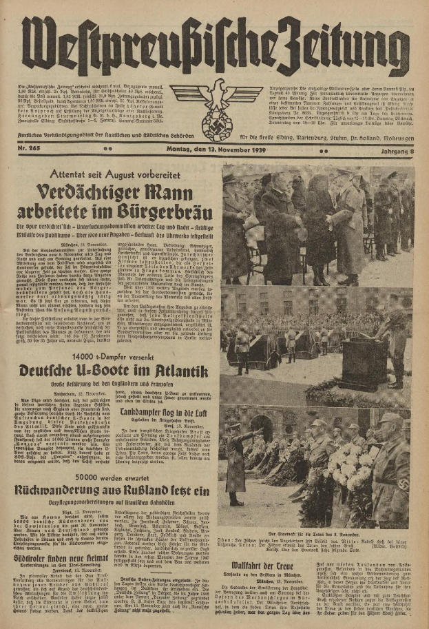 Schwarz-weißer Titelseite einer deutschen Zeitung vom 13. November 1939, betitelt 'Weitpreubliche Zeitung', mit einer Gruppe von Menschen in traditioneller deutscher Tracht in einer feierlichen Szenerie.