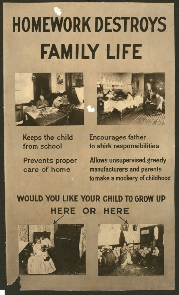 Plakat mit großem Text "Hausaufgaben zerstören das Familienleben" und einer vielfältigen Gruppe von entschlossenen Menschen, die den Betrachter anblicken.