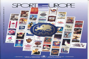 Ein Buchumschlag mit der Aufschrift "Sport in Europa", der bunte Olympia-Symbole zeigt.
