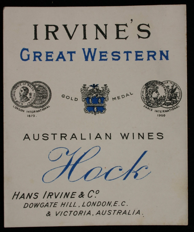 Plakat, das Irvine's Great Western Australian Wines Hock mit Firmenlogos und Text ankündigt, der verschiedene Weinarten angibt.