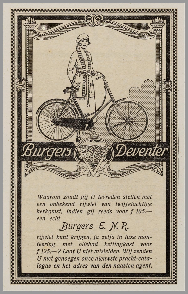 Frau auf Fahrrad in einer alten Werbung für Burgers Deventer mit Textbeschreibung der Fahrradmerkmale.