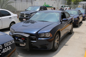 Eine Gruppe von Polizeifahrzeugen nebeneinander auf einem Parkplatz geparkt, mit Menschen im Vordergrund auf der Straße stehend, ein Zaun, Bäume, Gebäude und einen klaren blauen Himmel im Hintergrund.