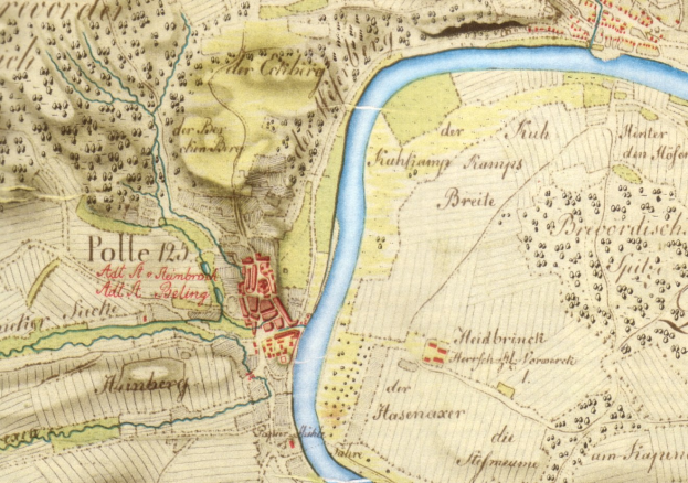 Ein detaillierter alter Stadtplan von Polle, Deutschland, mit Straßen, Gebäuden und einem Fluss, der durch die Stadt fließt.