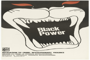 Ein Plakat mit einem schwarzen Power-Logo, einem schwarzen Kreis mit einer weißen Umrandung und einem weißen Buchstaben 'P' in der Mitte sowie fettem Text, der 'Rache für Verbrechen, revolutionäre Gewalt' lautet und zur Aktion gegen rassistische Ungerechtigkeit und Gewalt aufruft.