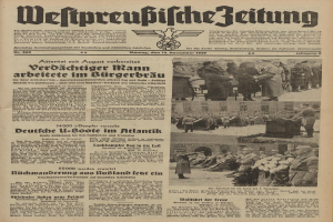 Schwarze und weiße Titelseite einer deutschen Zeitung vom 13. November 1939 mit der Überschrift "Weitpreubliche Zeitung" und einem Foto von Menschen in traditioneller deutscher Kleidung in einer feierlichen Umgebung.