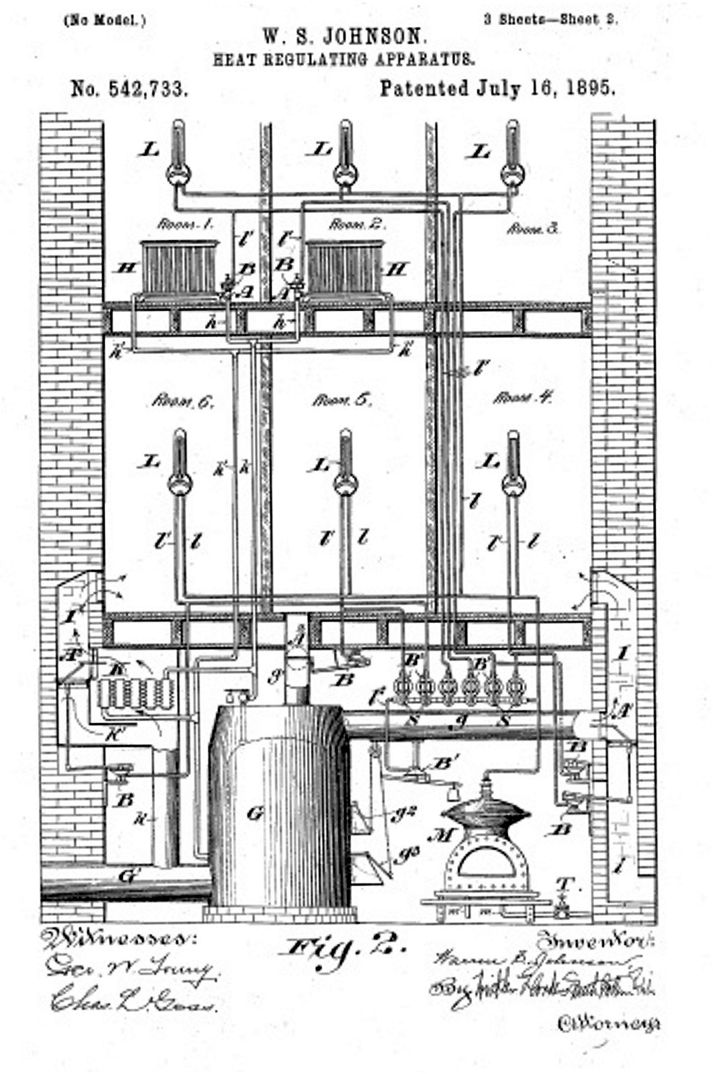 Ein detailliertes technisches Zeichnung aus dem Jahr 1885 einer Heizungsregelanlage mit zahlreichen Rohren und Ventilen, begleitet von erklärendem Text.