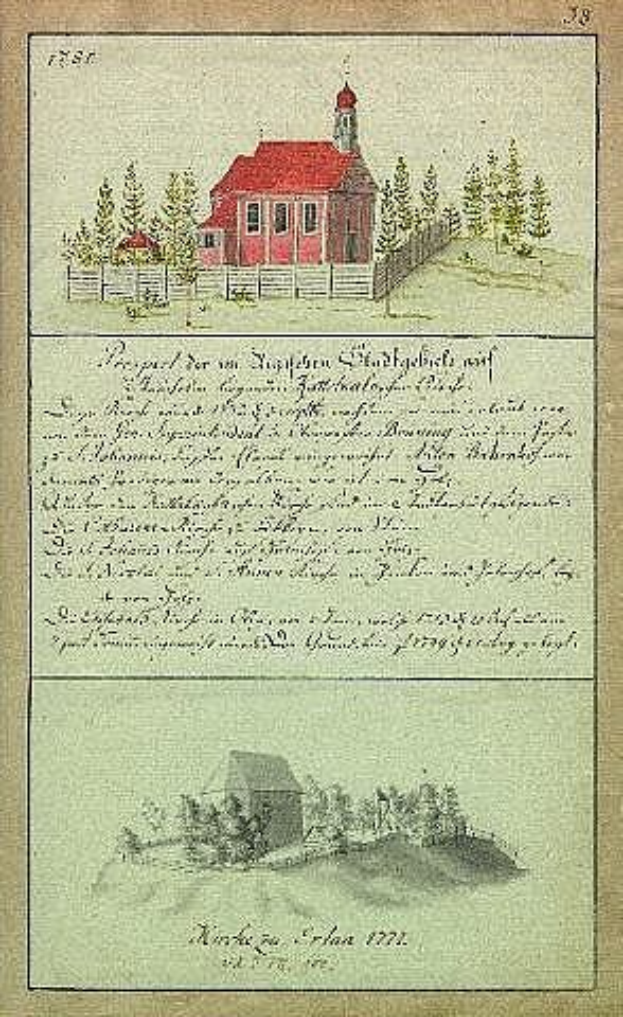 Ein altes Buch mit einer Zeichnung eines roten Hauses, umgeben von Bäumen und einem Zaun, betitelt mit 'Deutsche Schule in den Niederlanden, 1777'.