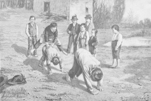 Gruppe von Kindern auf einem Feld, zwei Jungen kämpfen in der Mitte, während die anderen zusehen, Hut und Text links, schwarz-weiß.