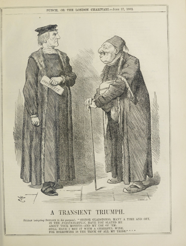 Zwei Männer stehen nebeneinander, einer hält einen Stock, beide mit entschlossener Miene, unter dem Text "Ein Vorübergehender Triumph."