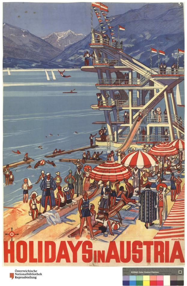 Plakat, das Urlaube in Österreich bewirbt, zeigt Menschen am Strand mit Schirmen, ein Schiff im Hintergrund, Flaggen und ferne Berge.