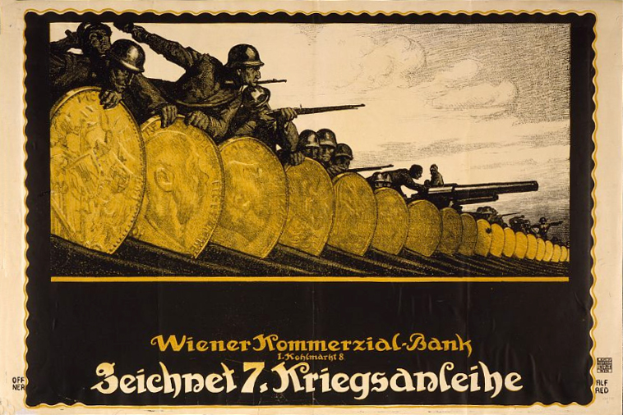 Ein deutscher Propagandaplakat aus dem Zweiten Weltkrieg, das eine Gruppe von Helden mit Waffen zeigt, mit dem Text 'Wiener Kommmerzial Bank' unten.