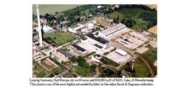 Luftaufnahme eines großen Industriegebiets in Leipzig, Deutschland, beschriftet mit "Bell Europe", mit Gebäuden, Bäumen, Straßen und anderen Infrastruktur.