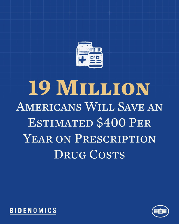 Blauer Hintergrund mit weißer Schrift und einem Logo mit der Aufschrift "19 Millionen Amerikaner werden geschätzt jährlich 400 USD an Arzneikosten sparen."