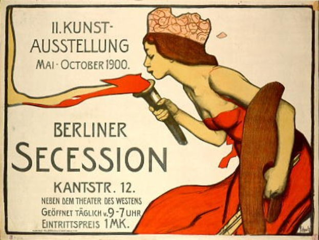 Plakat der Berliner Secession von 1900, das eine Frau in rotem Kleid zeigt, die ein Objekt hält, mit Text zu den Ereignissen.