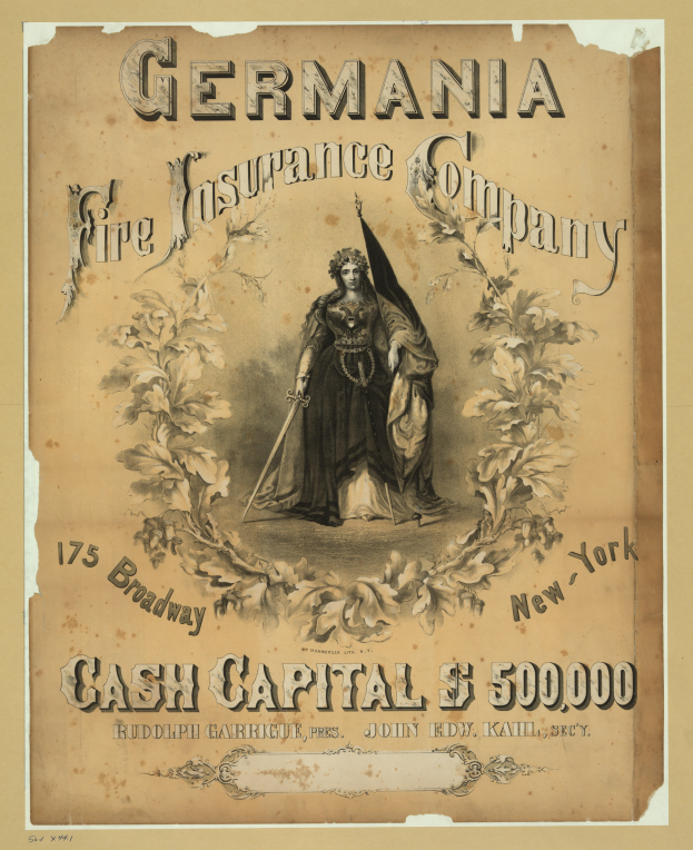 Eine Werbeanzeige aus der Vergangenheit für die Germania Feuer-Versicherungsgesellschaft, die ein zentrales Bild einer Frau zeigt, mit Text, der die Dienstleistungen der Gesellschaft beschreibt.