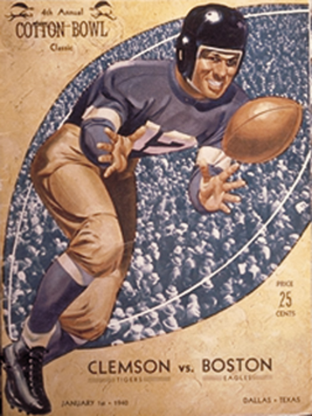 Ein Plakat eines Football-Spielers in einem Helm, der einen Football hält, mit der Aufschrift "Cotton Bowl Cleveland vs Boston" darüber, der einen entschlossenen Ausdruck zeigt.
