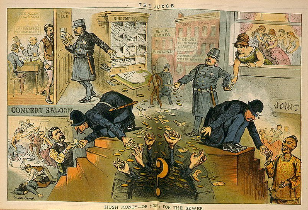 Cartoon-Courtroom-Szene mit einem Richter in Anzug und Hut, der einen Stock und ein Buch hält und von stehenden und sitzenden Menschen umgeben ist, mit Papieren, auf denen "Schweigegeld oder Geld für die Kanalisation" steht, die auf dem Boden verstreut sind.