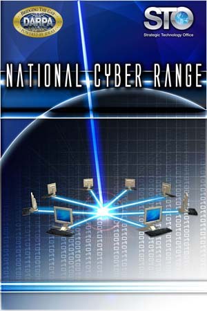 Plakat mit der Überschrift "Nationales Cyber-Range" auf blauem Hintergrund, das eine Weltkugel mit mehreren angeschlossenen Computern zeigt.