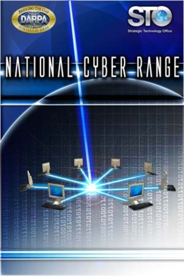 Plakat mit der Überschrift "Nationales Cyber-Range" auf blauem Hintergrund, das eine Weltkugel mit mehreren angeschlossenen Computern zeigt.
