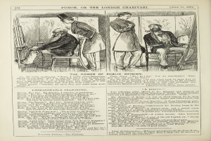 Ein altes Buchcover mit einem Mann in einem Stuhl sitzend und einer Frau danebenstehend, die nachdenklich aussieht, mit der Aufschrift "Die Macht der öffentlichen Meinung" auf dem Einband.