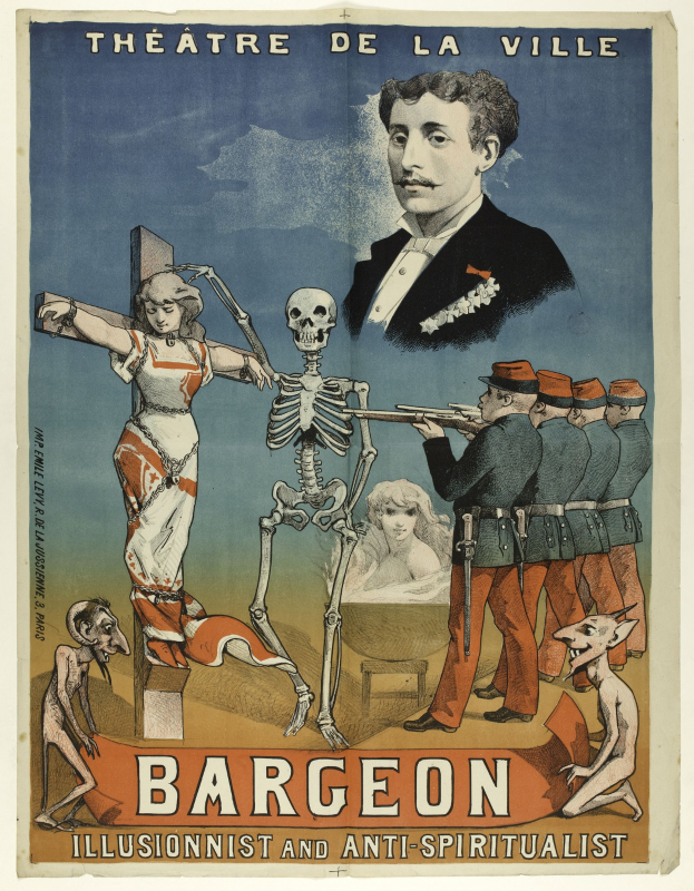 Plakat für das Théâtre de la Ville in Paris mit einer Gruppe verängstigter Menschen, einem zentralen Skelett mit ausgebreiteten Armen und der Inschrift "Bargeon Illusionist und Anti-Spiritualist."