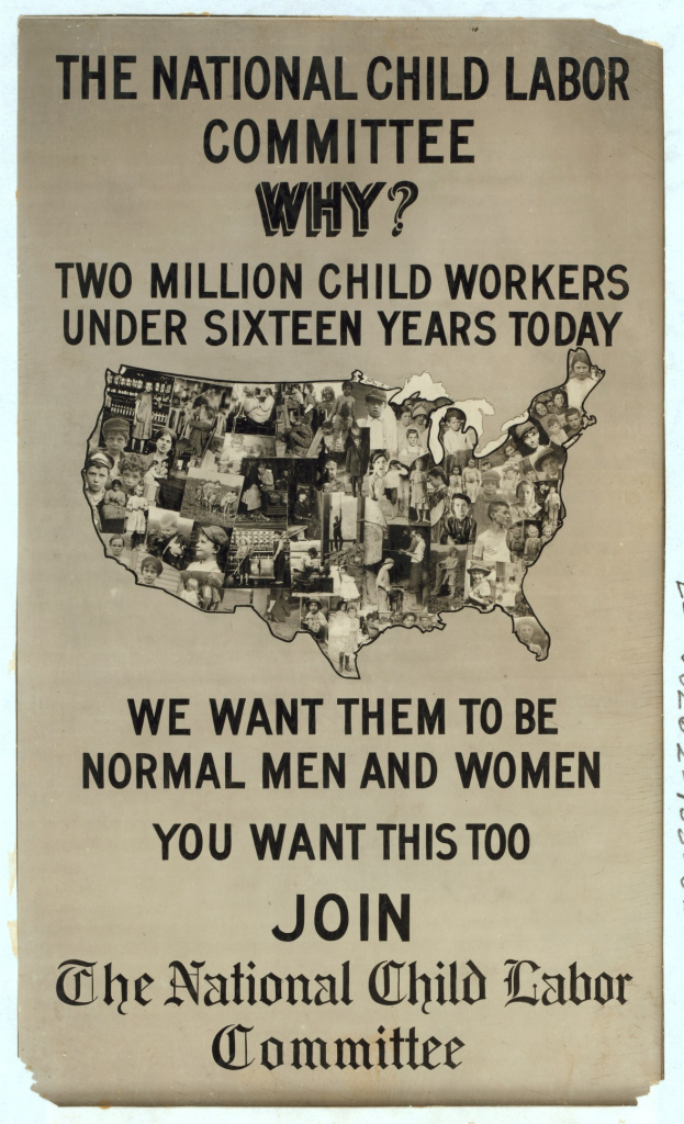 Plakat mit einer USA-Karte und Text über Kinderarbeit, mit mehreren menschlichen Gesichtern, die die Mitglieder des Komitees darstellen.