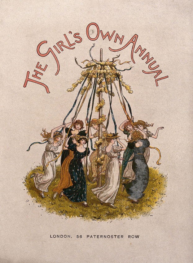 Schwarz-weiß-Illustration aus "The Girl's Own Annual", die eine Gruppe von Menschen in bunten Kleidern beim Tanzen um einen geschmückten Maibaum zeigt.