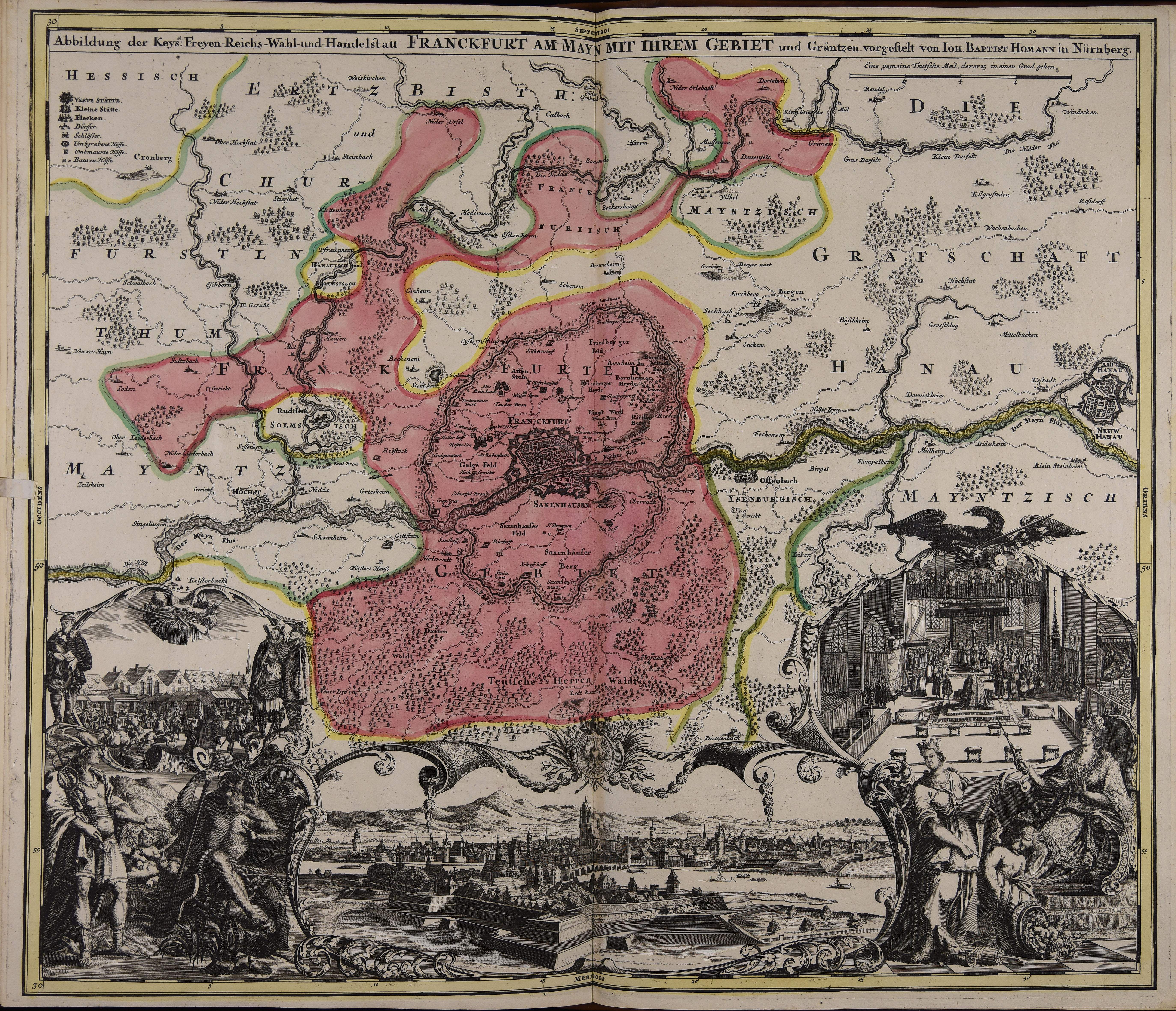 Ein altes Buch mit einer zentralen Deutschlandkarte, umgeben von Illustrationen und Text, strahlt einen klassischen und zeitlosen Look aus.