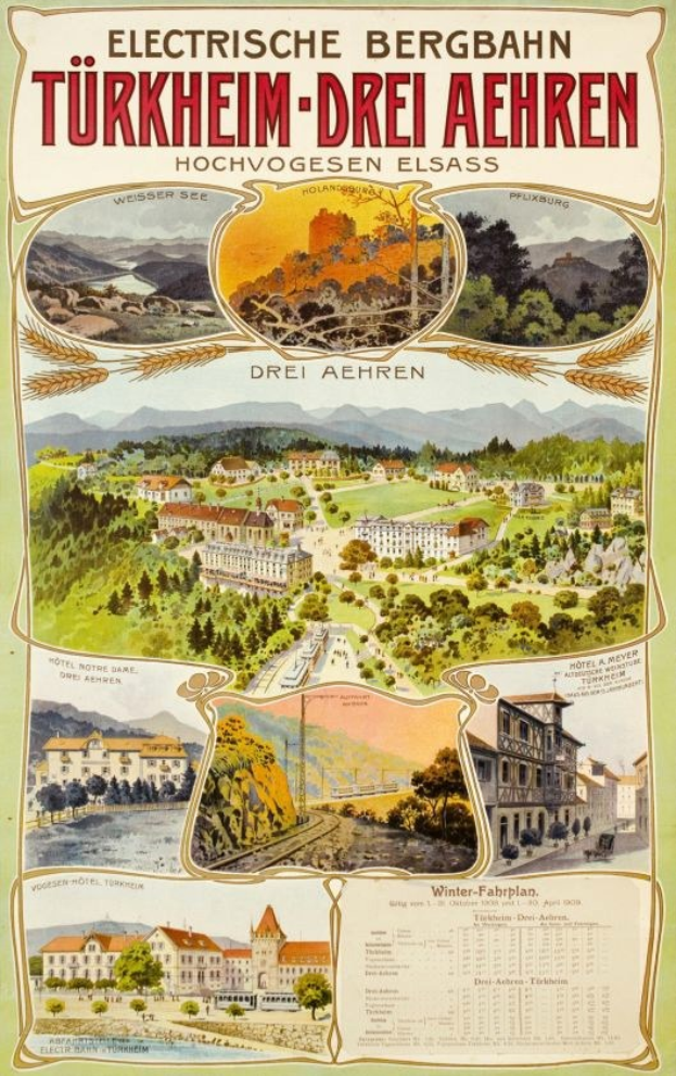 Plakat f"{u}r Bergbahn, Deutschland als eine elektrifizierte Stadt, mit Bildern von Gebäuden, Bäumen, Hügeln und beschreibendem Text.