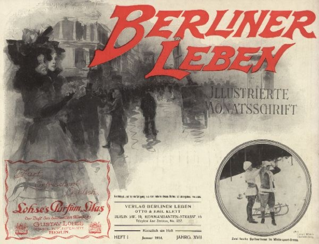 Cover eines alten Buches mit dem Titel 'Berliner Leben' und einer Illustration von Menschen in traditioneller deutscher Tracht, wahrscheinlich darstellend die kulturelle Geschichte Berlins.