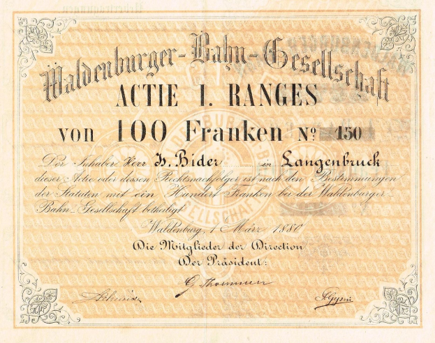 Deutscher Geldschein mit dem Porträt eines Mannes, mit der Inschrift "Haldenburger-Balm Gesellschaft Actie 1 Ranges".