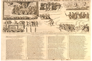 Ein Blatt mit Illustrationen von katholischen Spielern in verschiedenen Bowling-Positionen, begleitet von Text, der die Regeln und Vorschriften eines Doppel-Match-Bowling-Spiels beschreibt.