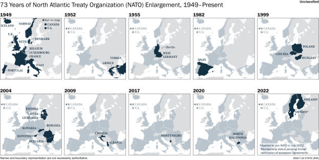 Eine Zeitachsenkarte, die die Erweiterung der NATO von 1949 bis heute zeigt, wobei die Regionen farblich nach dem Jahr der Mitgliedschaft unterteilt sind.