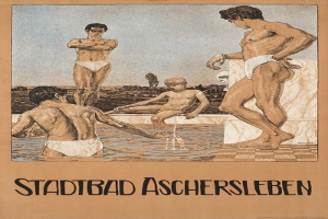 Plakat für ein Schwimmbad in Aschersleben, Deutschland, das Menschen im Wasser zeigt, wobei einer sitzt und Text Details über das Bad und seine Annehmlichkeiten bereitstellt.