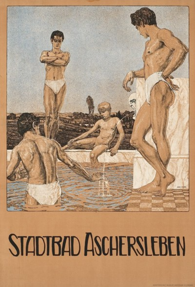 Plakat für ein Schwimmbad in Aschersleben, Deutschland, das Menschen im Wasser zeigt, wobei einer sitzt und Text Details über das Bad und seine Annehmlichkeiten bereitstellt.