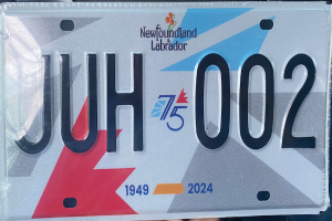 Eine Person hölt ein Nummernschild mit der Aufschrift "Juh 002" gegen einen schwarzen Hintergrund.