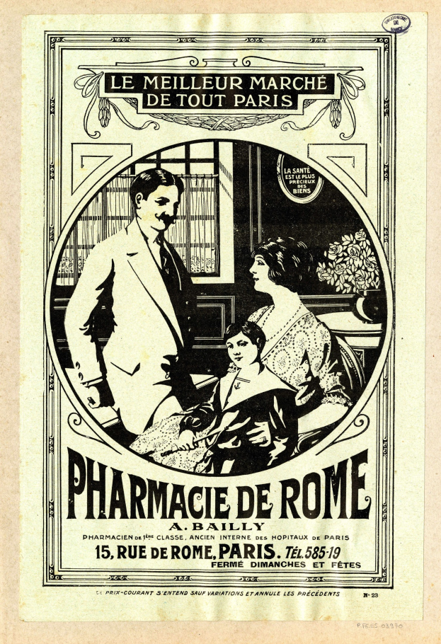 Schwarz-weisse Anzeige f├╝r eine Apotheke in Rom mit einem Mann und einer Frau nebeneinander mit Text, der die Apotheke und ihre Dienstleistungen beschreibt.