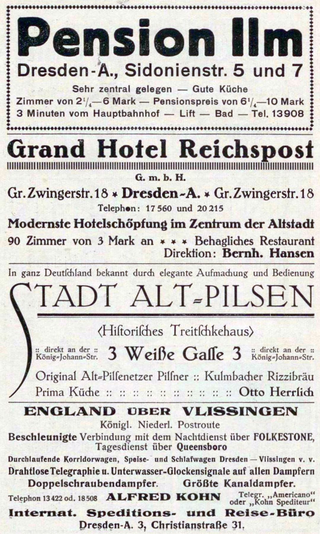 Schwarze und weiße Anzeige für die Pensionspension in Dresden, Deutschland, im Stil einer alten Zeitung gedruckt.