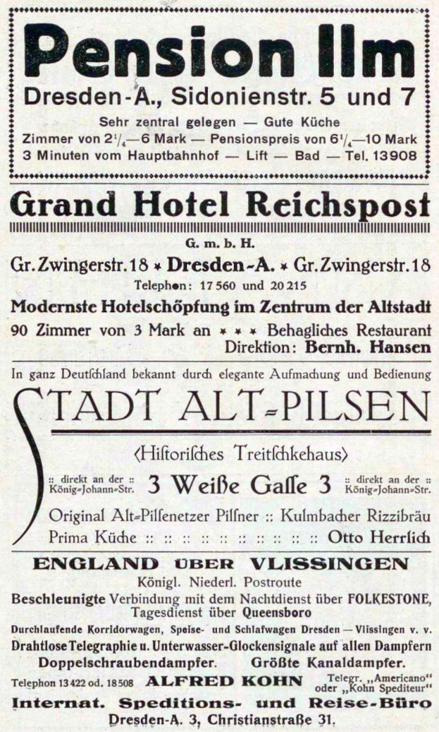 Schwarze und weiße Anzeige für die Pensionspension in Dresden, Deutschland, im Stil einer alten Zeitung gedruckt.