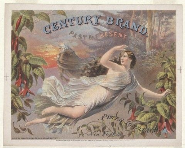 Frau in einem weißen Kleid, die durch die Luft fliegt, umgeben von Blättern und Blumen, mit dem Text "Century Brand Past & Present" oben.