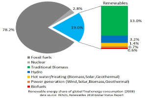 Tortendiagramm zur globalen Erneuerbare-Energien-Nutzung im Jahr 2008, aufgeteilt nach Energiequellen einschließlich fossiler Brennstoffe, Kernenergie, Wasserkraft, Warmwasserheizung, Biomasse, Solarenergie, Geothermie und Biokraftstoffe.