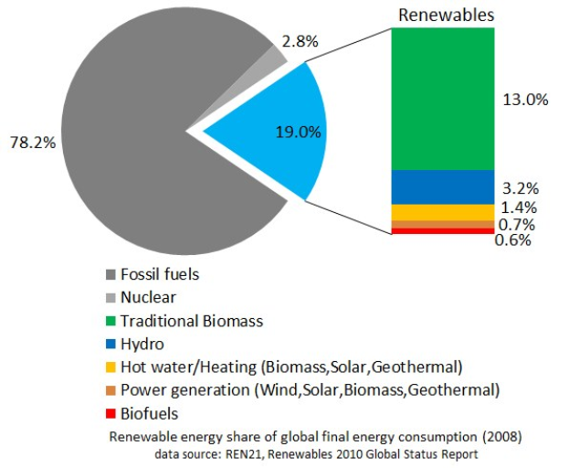 Tortendiagramm zur globalen Erneuerbare-Energien-Nutzung im Jahr 2008, aufgeteilt nach Energiequellen einschließlich fossiler Brennstoffe, Kernenergie, Wasserkraft, Warmwasserheizung, Biomasse, Solarenergie, Geothermie und Biokraftstoffe.