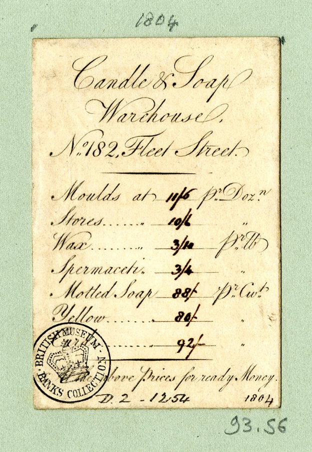 Ein Beleg mit einem "Kerzen & Seifen-Warenhaus"-Stempel und handgeschriebener Text.