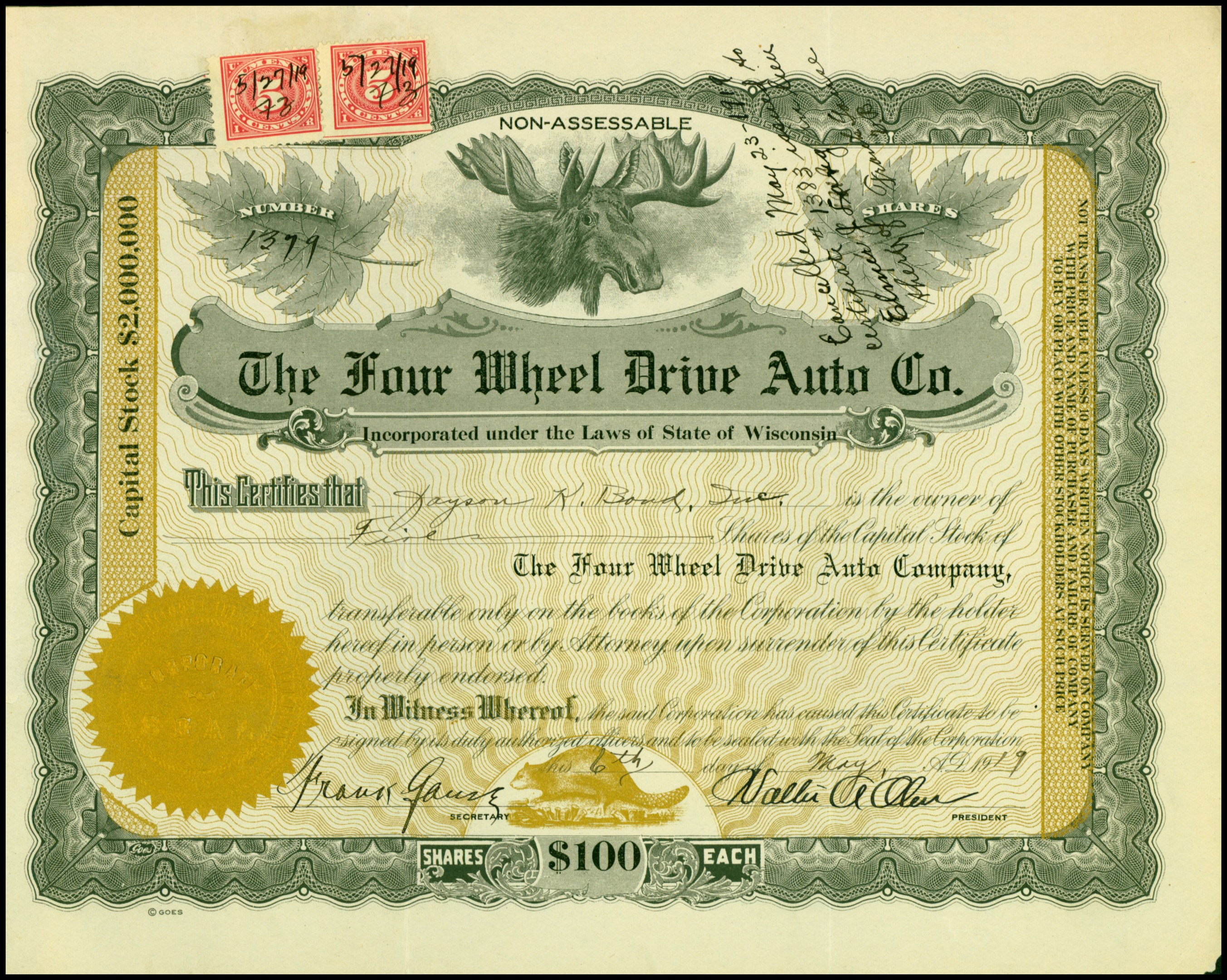 Rahmung eines Vierradantrieb-Auto-Aktienzertifikats mit Text, Zahlen und Stempeln, das ein goldenes Siegel in der Mitte zeigt.