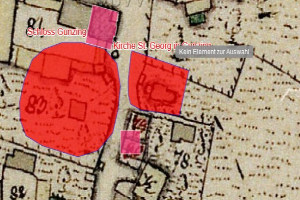 Roter Kreis, der einem Hakenkreuz ähnelt, in der Mitte einer Stadtkarte umgeben von Text und Zahlen.